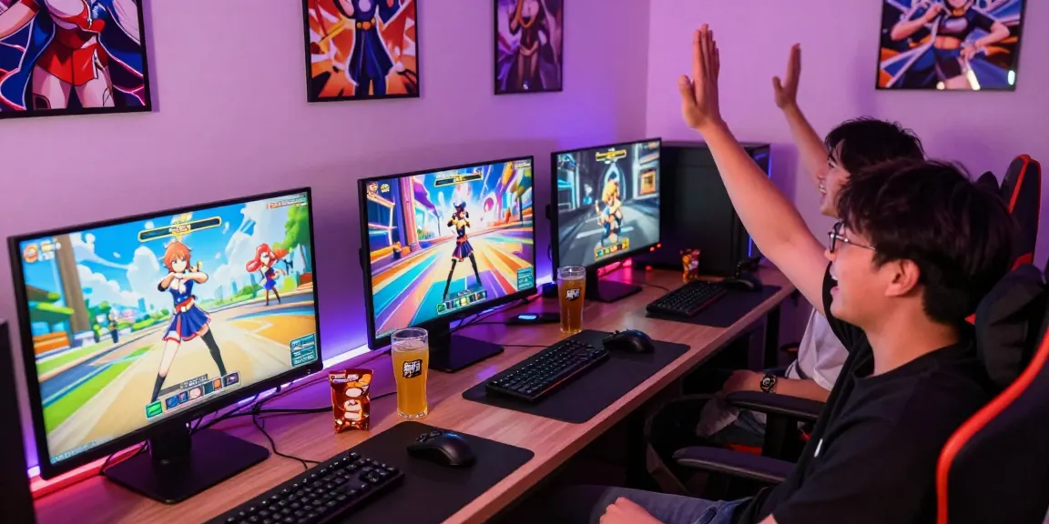 Players enjoying an ecchi game in a vibrant gaming setup with dynamic graphics and playful atmosphere.