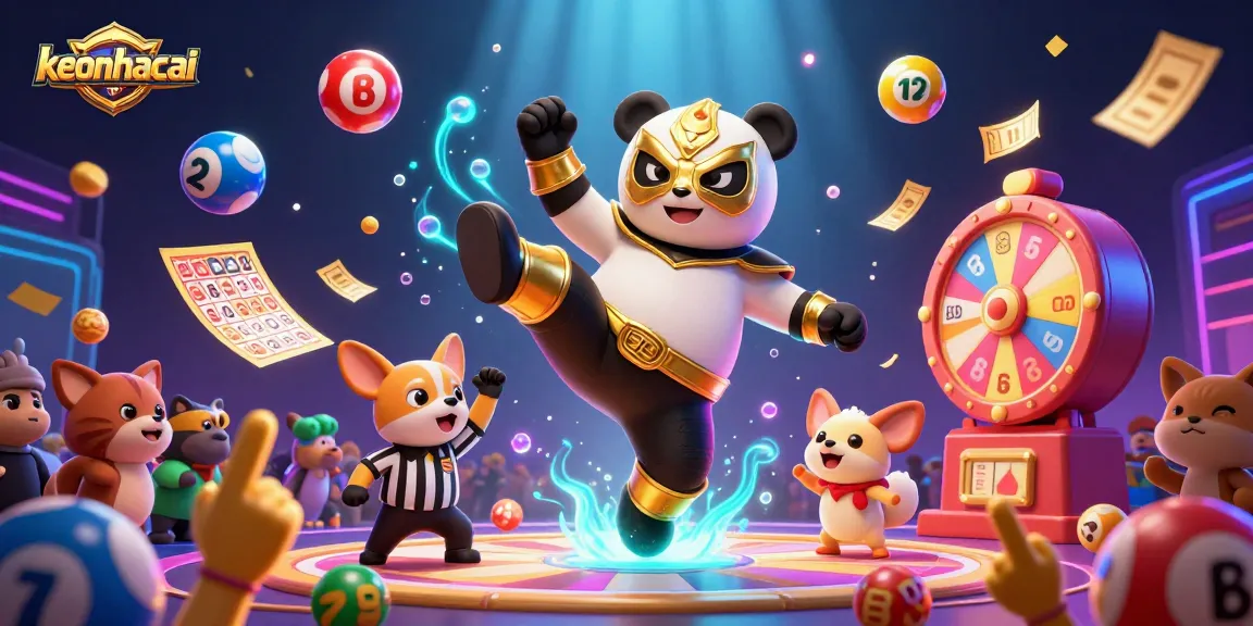 Engaging keonhacai bingo action featuring a panda wrestler and lively animal fans.