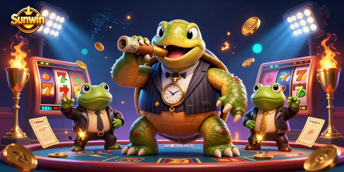 Experience thrilling slot action at Sunwin with a vivid casino scene featuring animated characters.