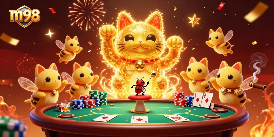 Experience the m98 master guide with a vibrant scene of a golden lucky cat and poker elements.