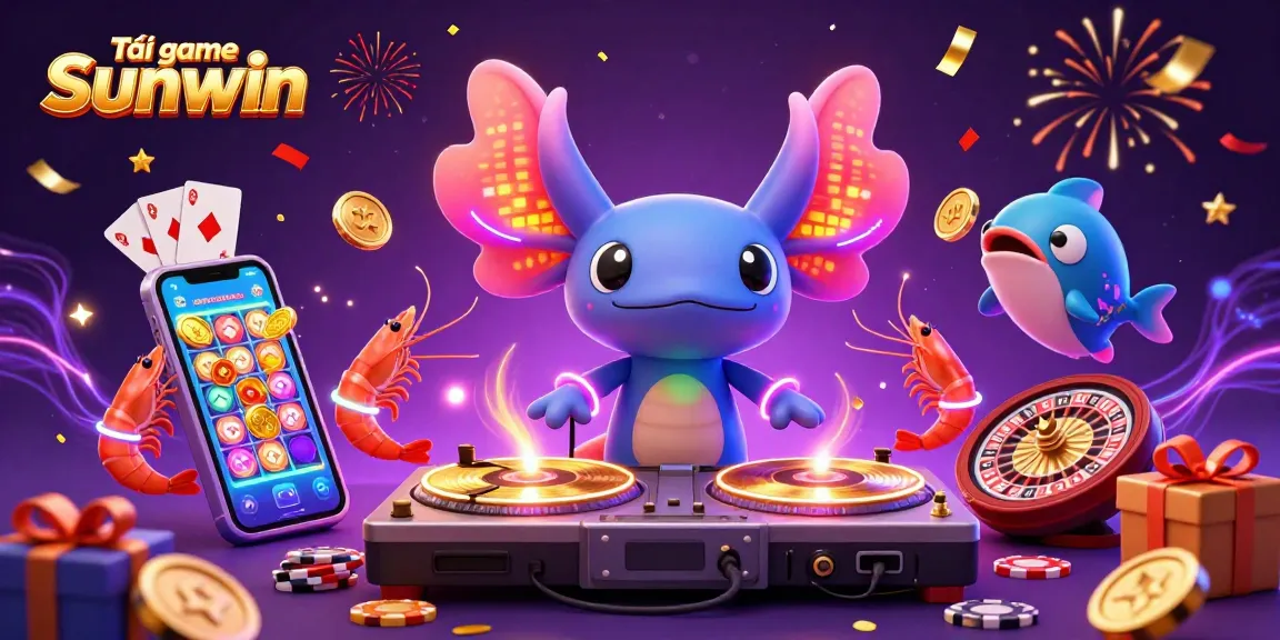 Tải game Sunwin with exciting axolotl DJ, glowing shrimp dancers, and festive casino elements.