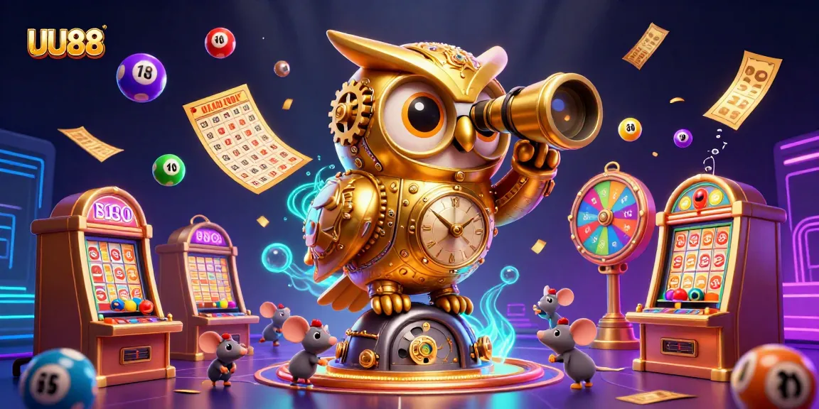 Experience the excitement of UU88 with a vibrant casino scene featuring a golden owl, wind-up mice, and colorful game elements.