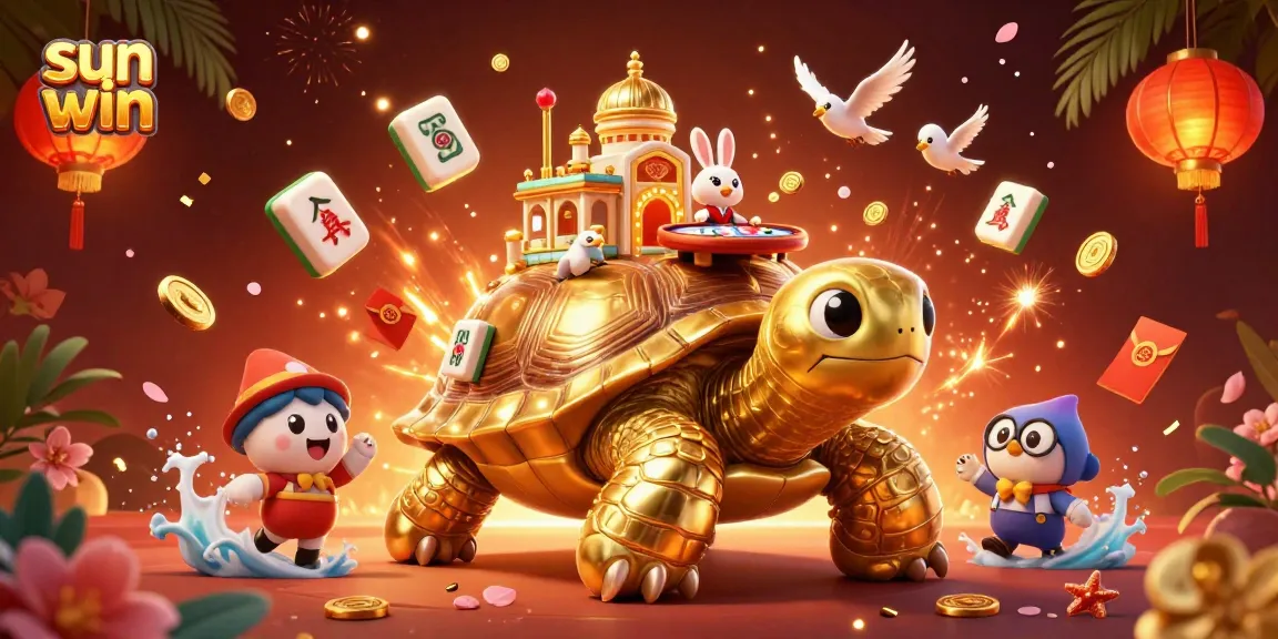 Play exciting games at sun win with a giant tortoise casino and a rabbit dealer amidst fireworks and gold coins.