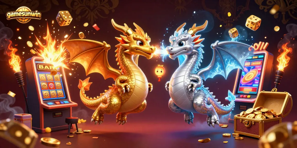 Experience the thrilling gamesunwin casino with dynamic dragons amidst gaming excitement and jackpot symbols.
