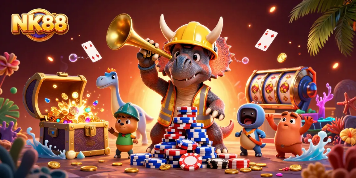 Join NK88 for thrilling online bets as adorable dinosaur mascots celebrate wins in a vibrant casino scene.