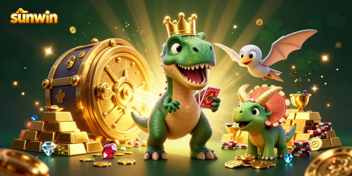 Experience the excitement of sunwin as a T-Rex and friends engage in thrilling card games, surrounded by treasure.