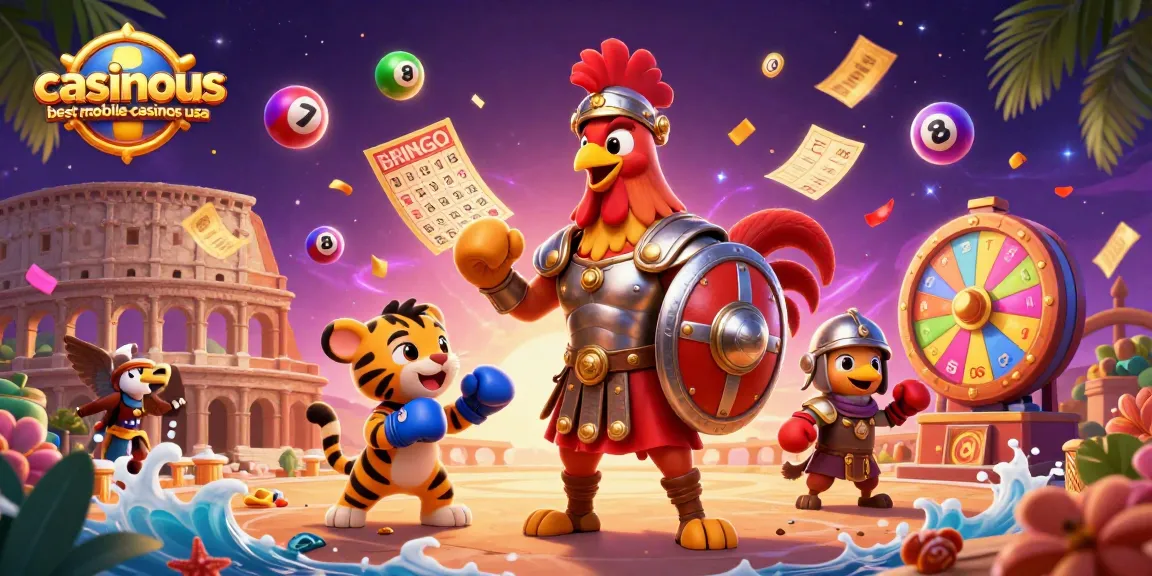Win big at casinous best mobile casinos usa with vibrant 3D gambling scene featuring casino games and characters.