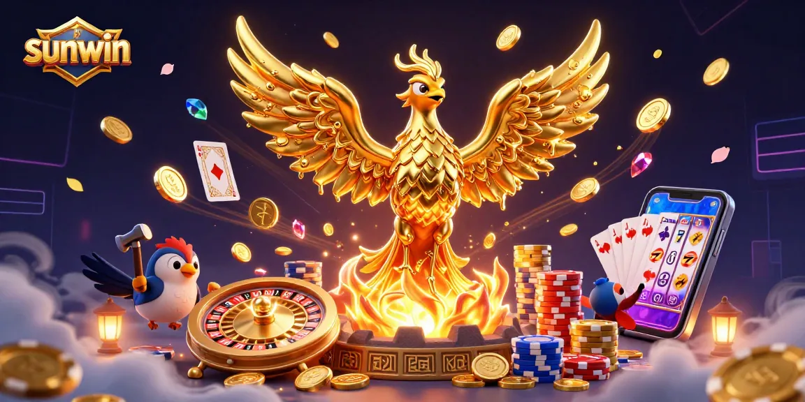 Win big with Sunwin's dazzling golden phoenix and dynamic casino games illustration.