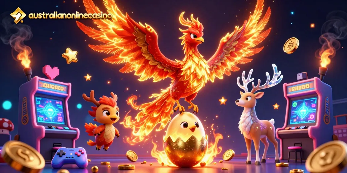 Engage with australianonlinecasino's vibrant gaming world featuring a phoenix and arcade elements.
