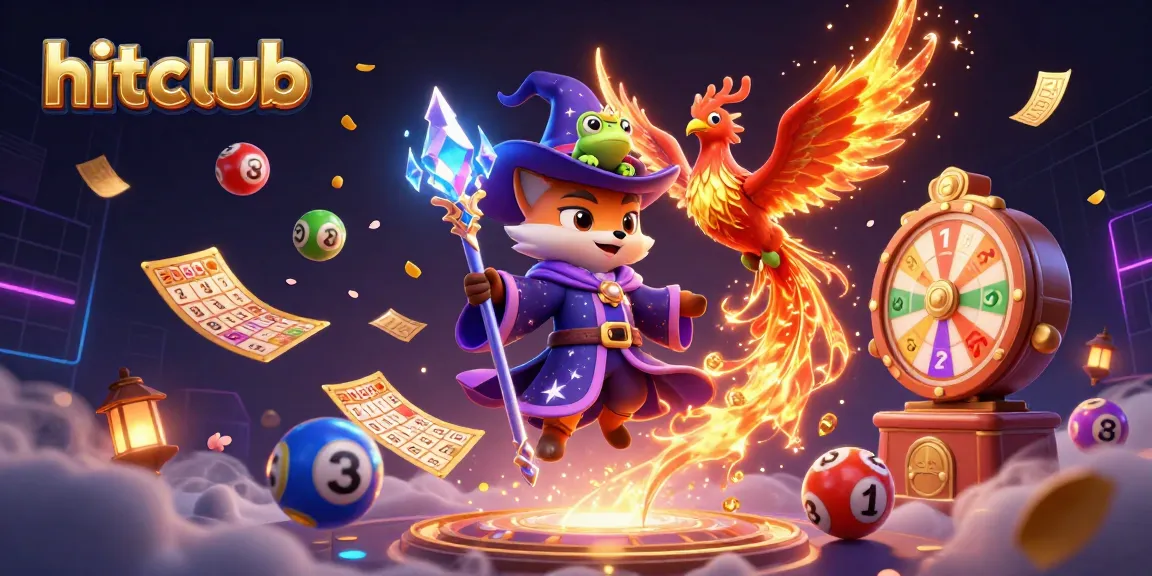 Experience gaming excitement at hitclub with a wizard, phoenix, and lottery elements in dynamic illustration.